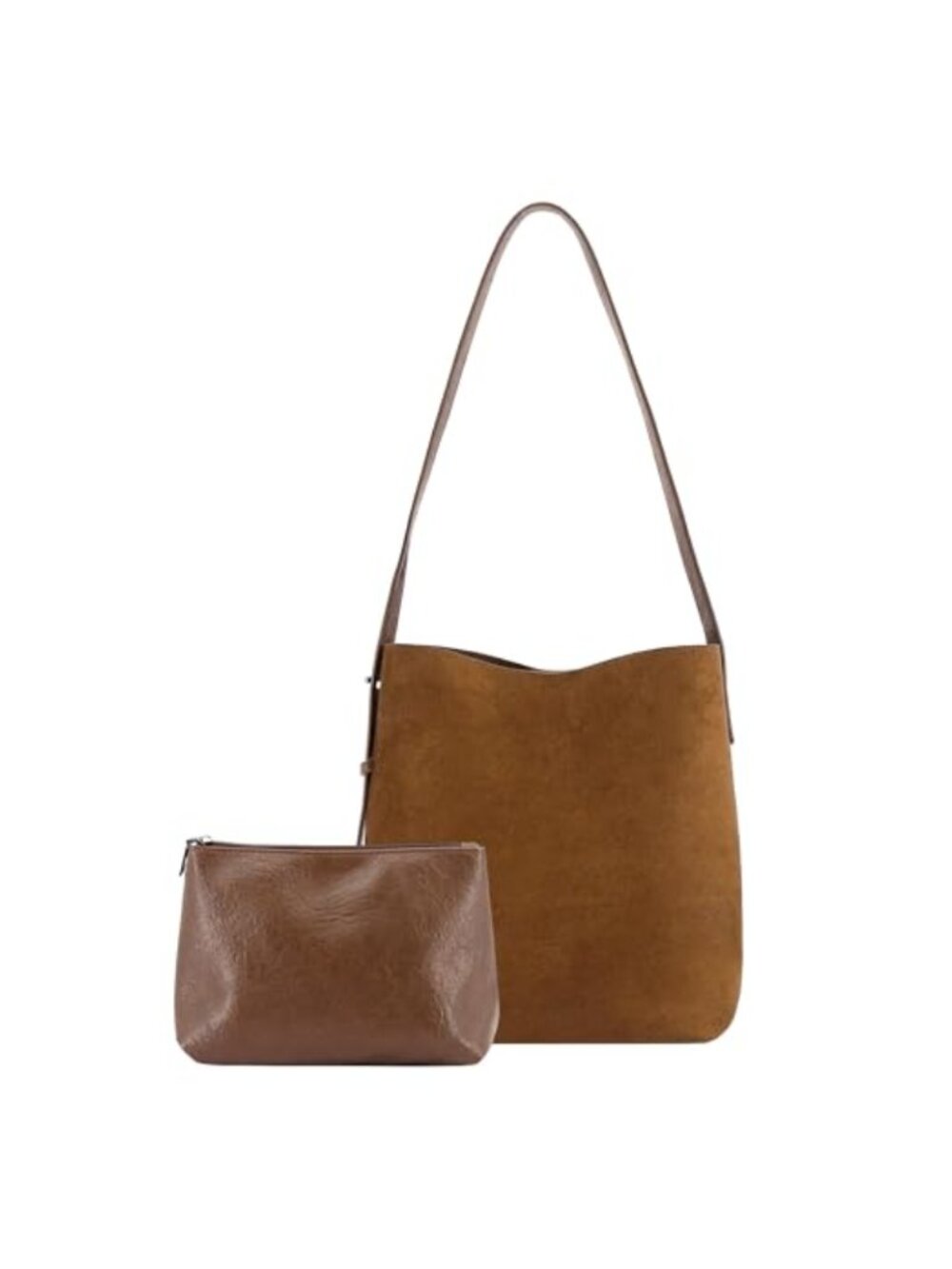 Faux Suede Slouchy Hobo Shoulder Bag Two-Piece Tote Set with Pouch